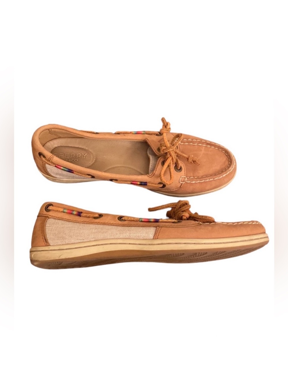 Sperry Topsider Firefish Tan Leather SZ 7.5 Coastal Nautical Rainbow Boat Shoes